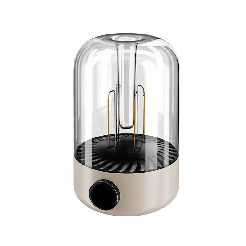 Beige and black USB rechargeable camping lantern with analog brightness knob and tungsten LED lighting