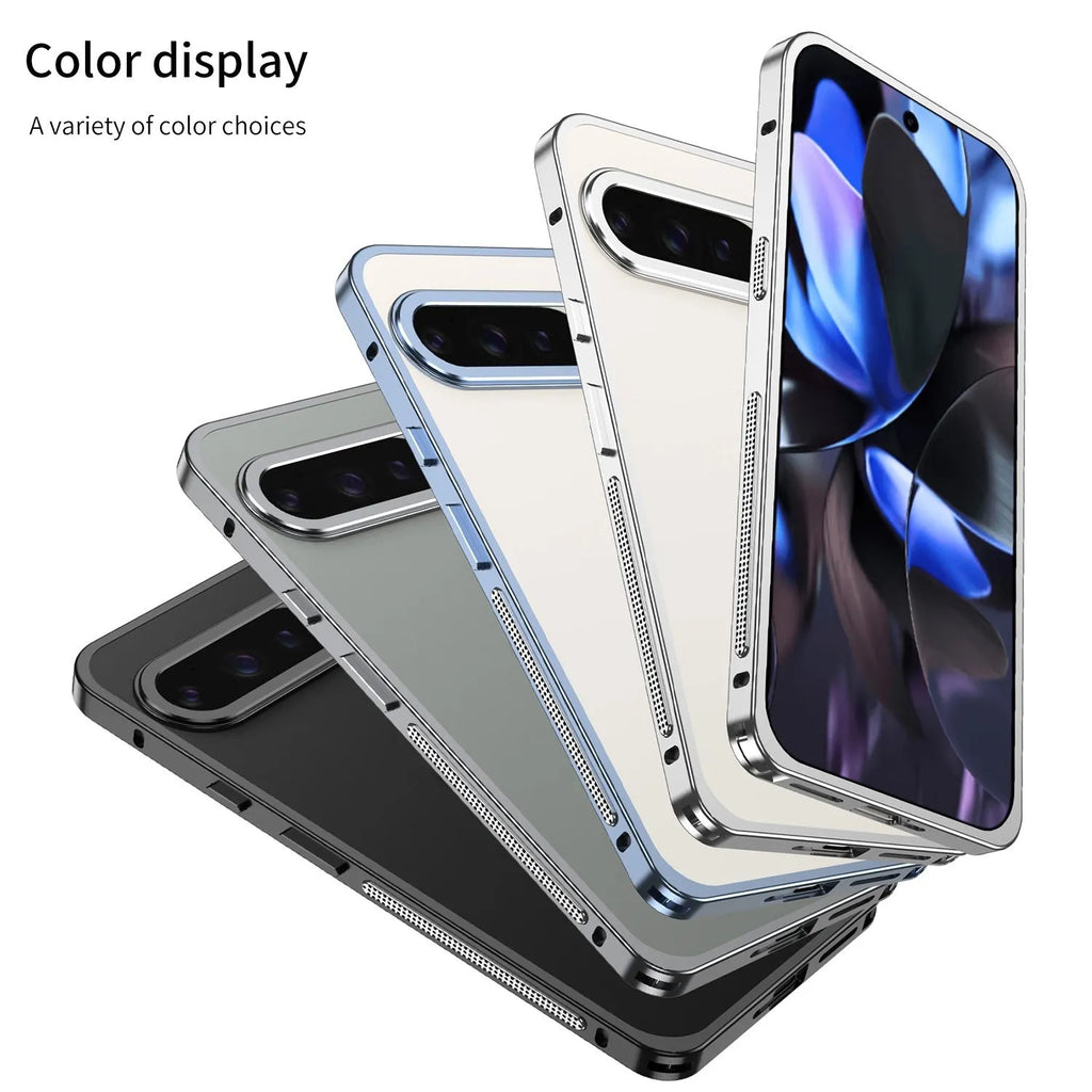 Aluminum alloy heat dissipation phone case for Google Pixel 9 in black, showing half-pack design and bracket.