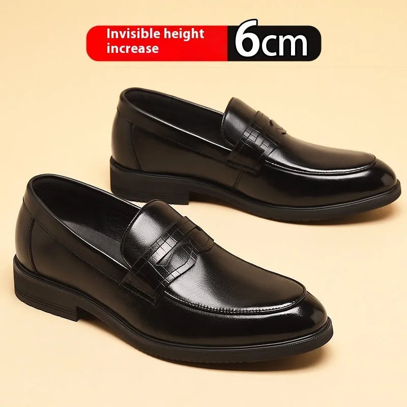 Men's slip-on invisible height-increasing cowhide leather loafers in black with sewing thread detailing and low heel