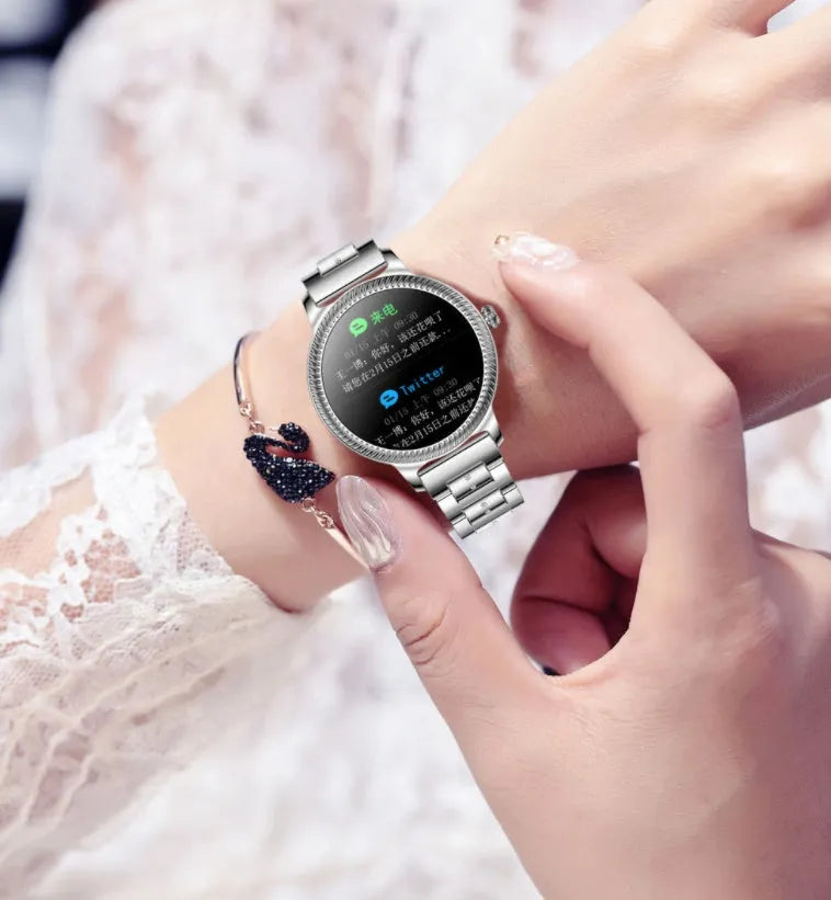AK38 ladies smart watch with stainless steel band and 1.09-inch display in gold and silver colour options