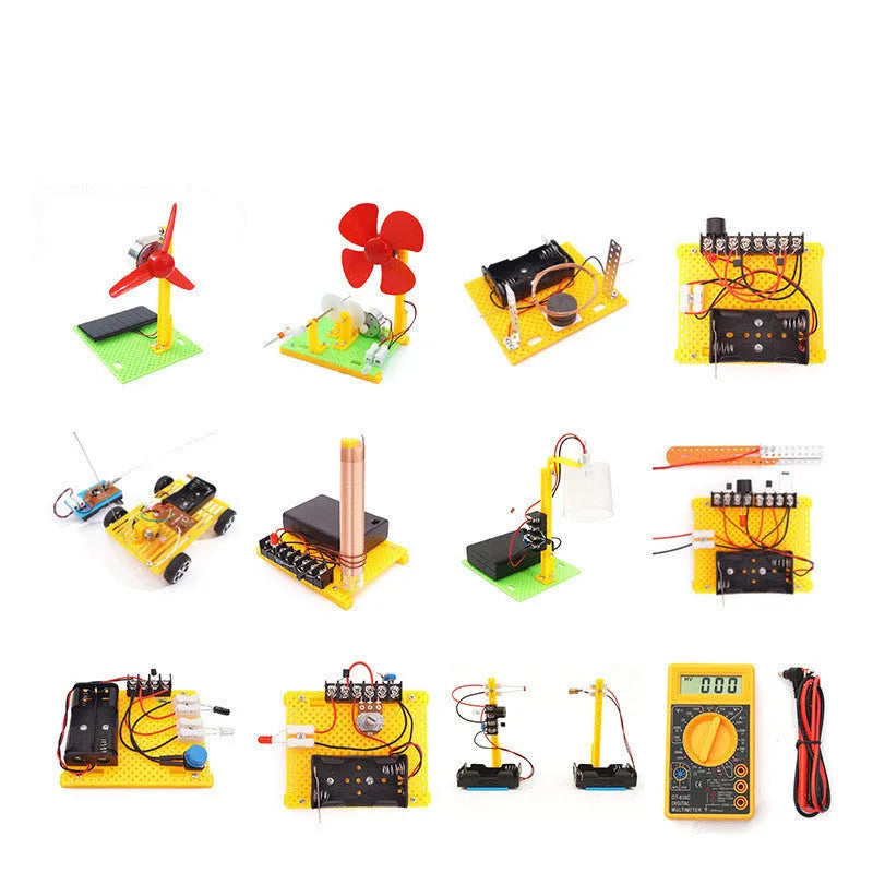 Plastic DIY electronic science experiment set with solar fan, hand generator, simple motor, and music doorbell for children ages 7-14