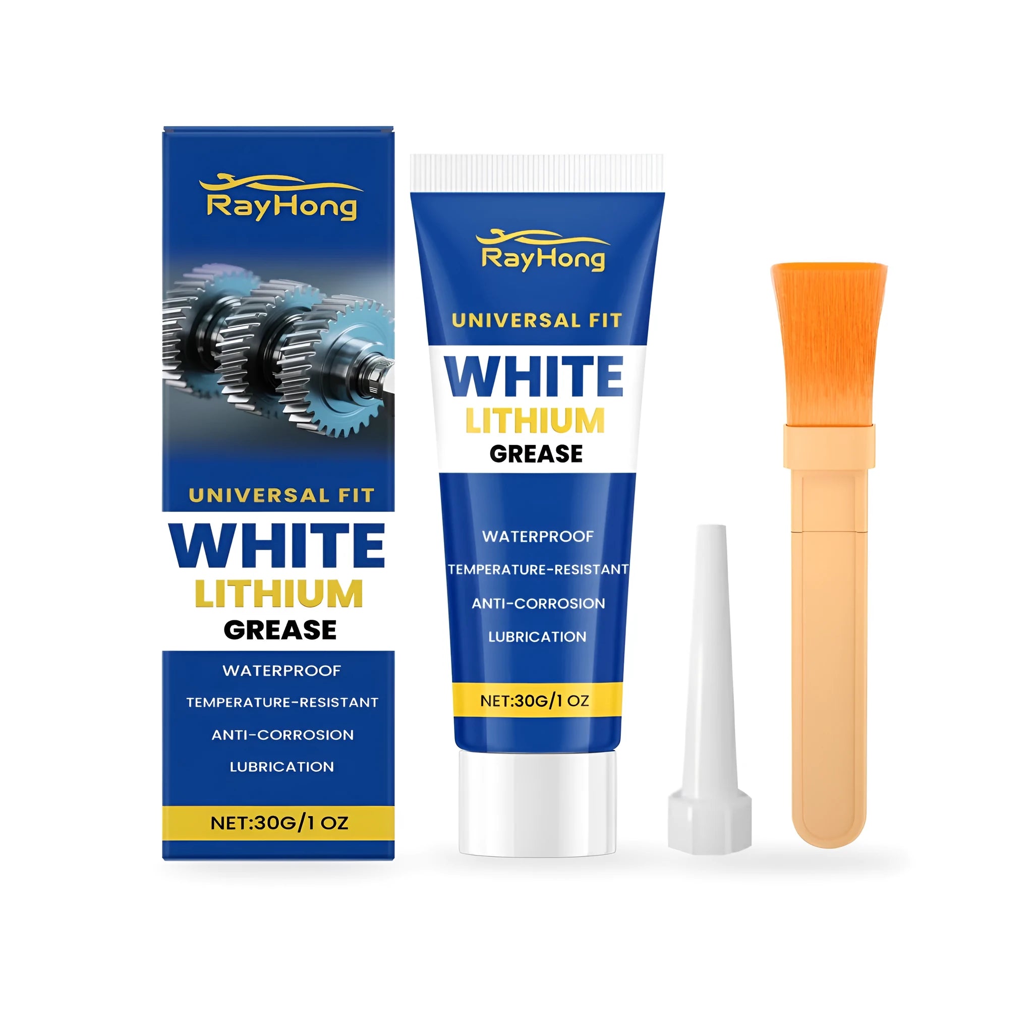 30g tube of white lithium grease with a separate brush applicator for automotive and metal lubrication.