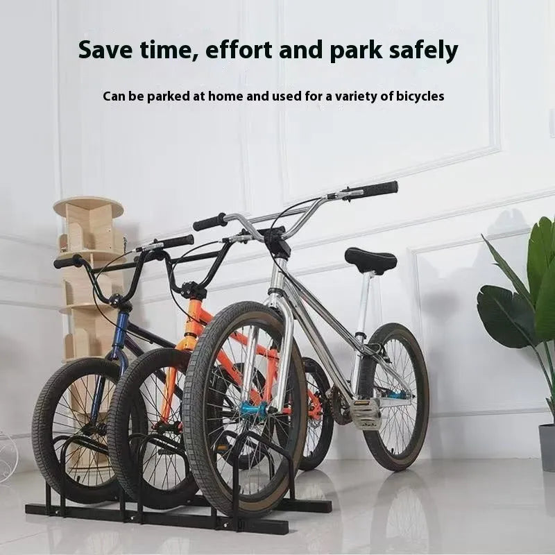 Black metal split card bicycle parking rack with adjustable width for indoor use