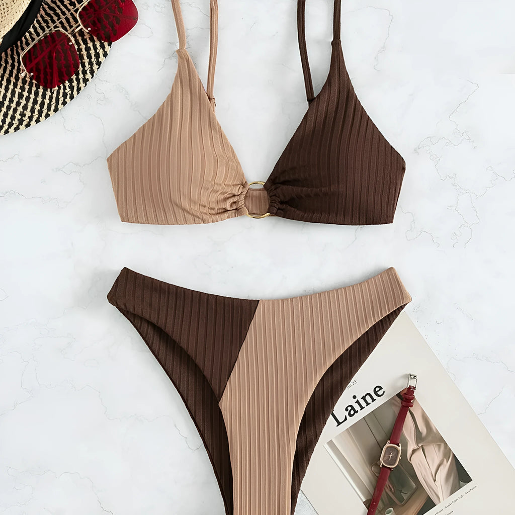 Solid colour stitching bikini set in polyester, six colours available, women's swimwear for swimming and wading