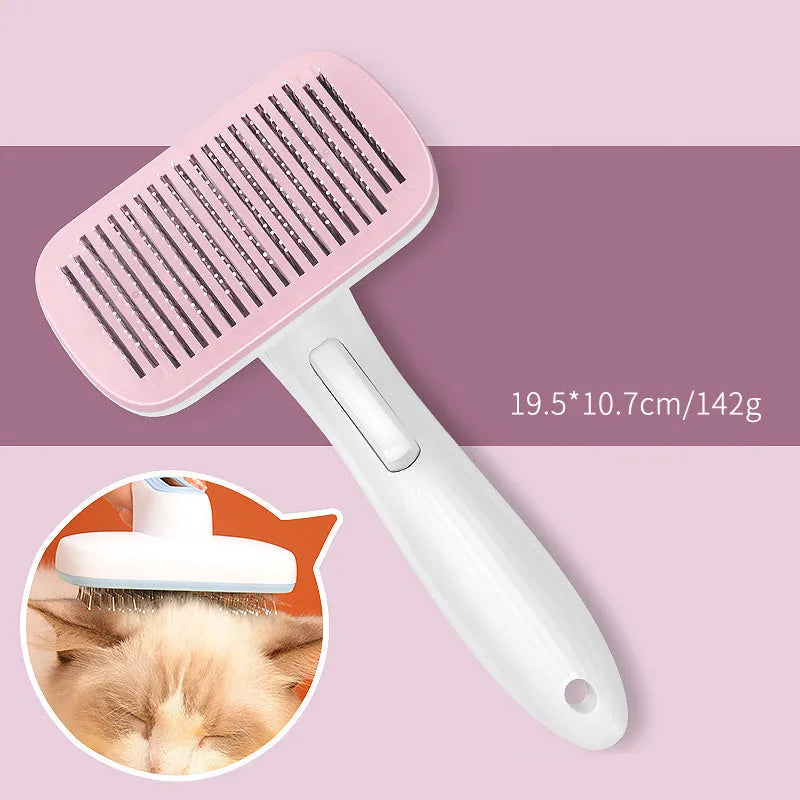 Automatic pet hair removal comb for dogs and cats showing colour options and compact size