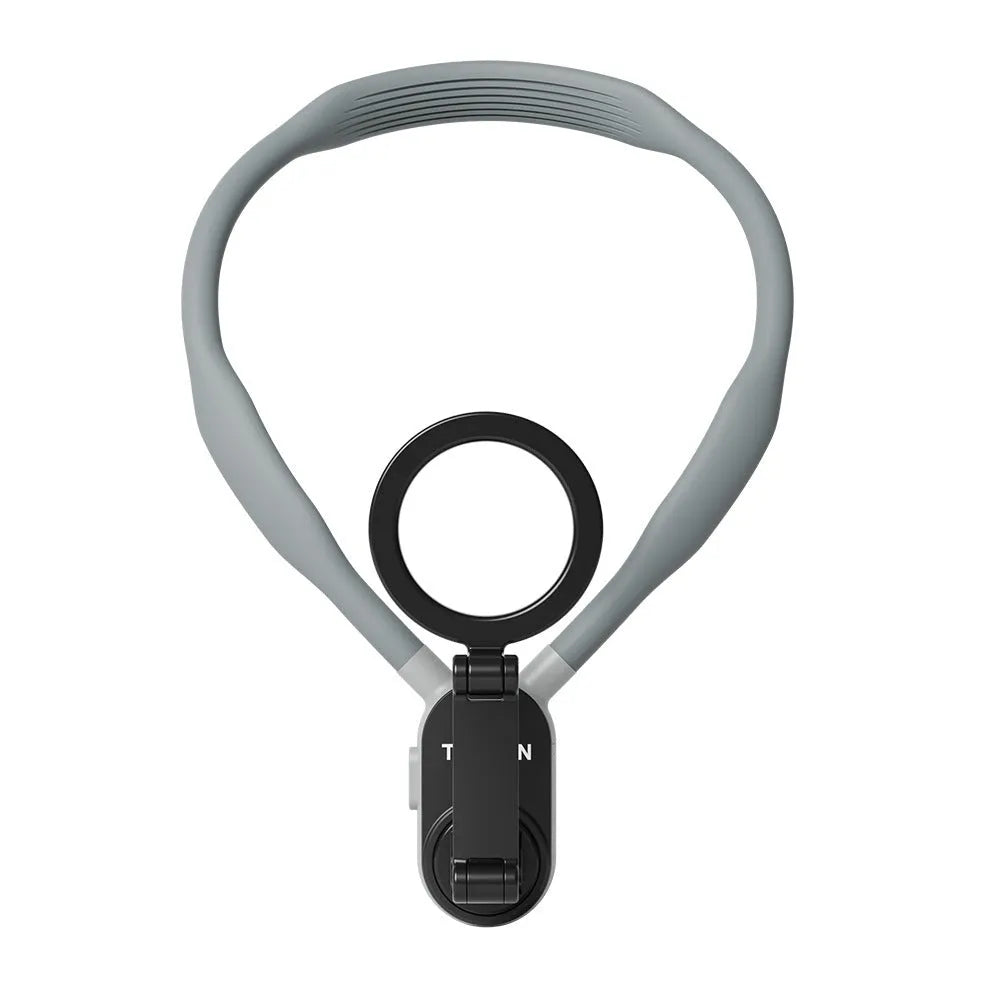 Grey silicone magnetic neck mount holding mobile phone in horizontal orientation