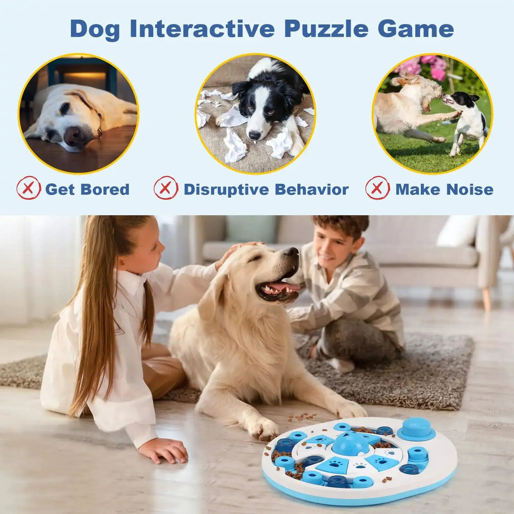 Blue dog puzzle toy with 24 compartments and spherical bells on a floor, showing clear top and non-slip base