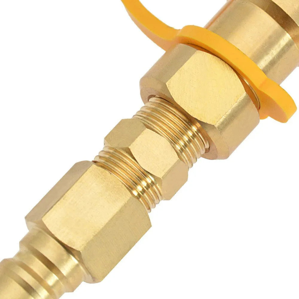 Gold-coloured brass SL-HW-3/8JT type B gas propane connector with 3/8 American standard thread.