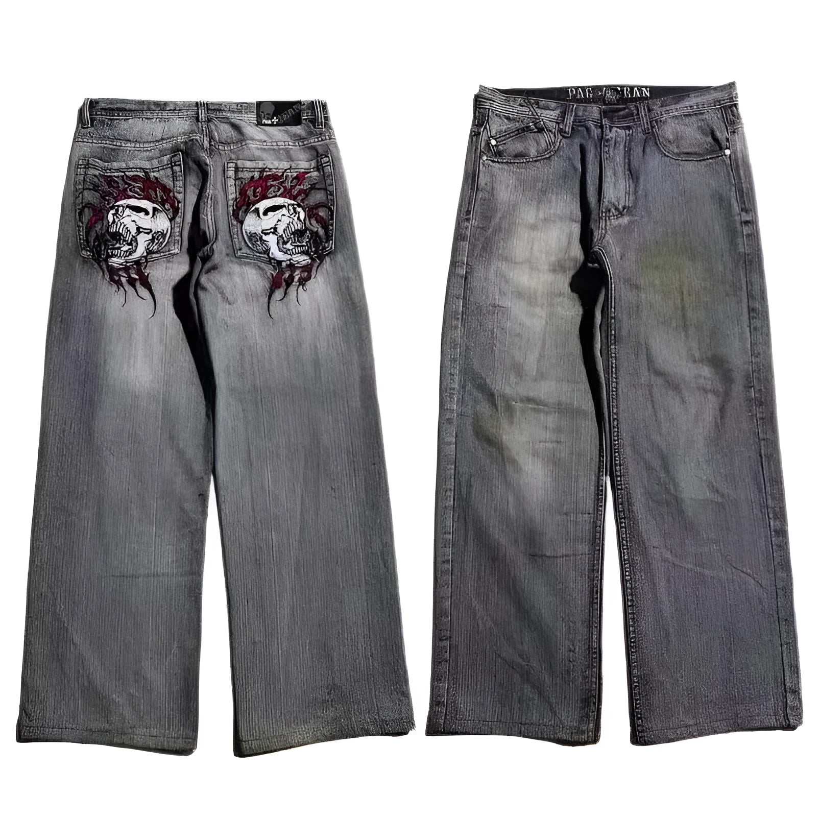 Gray washed-out denim jeans on a man, showing straight wide-leg cut and vintage workwear style.