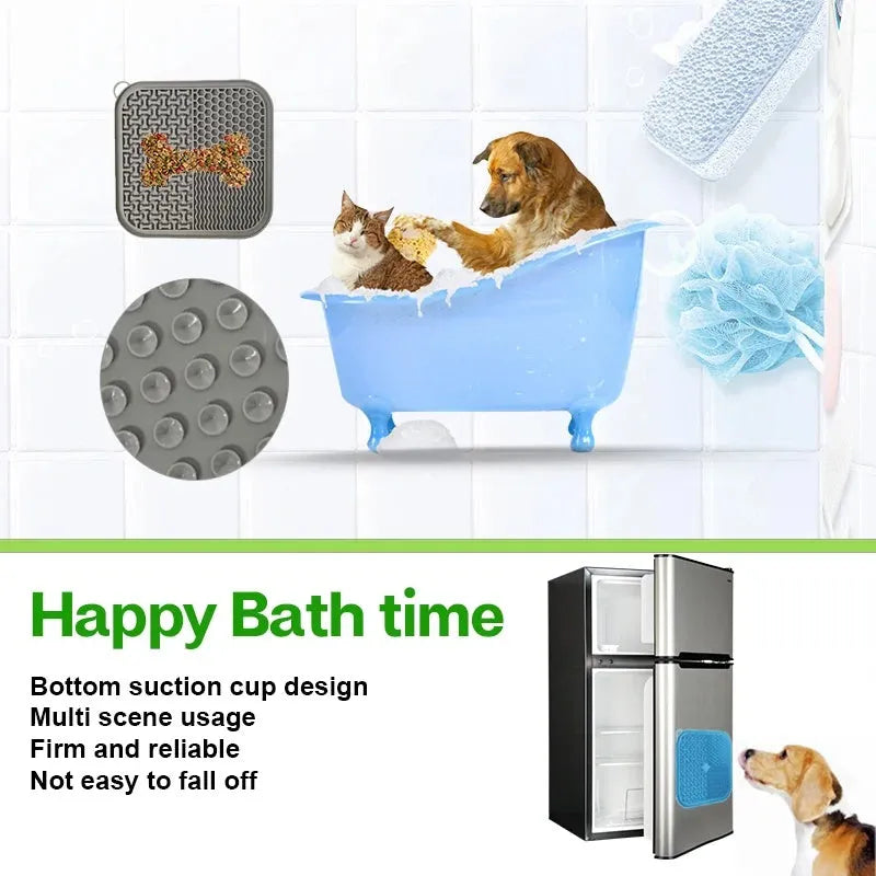 Square orange silicone dog licking mat with textured surface and suction cups on back.