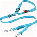 Retractable dog leash with anti-pull car seatbelt in nylon, shown in multiple colours including black, red, and blue.
