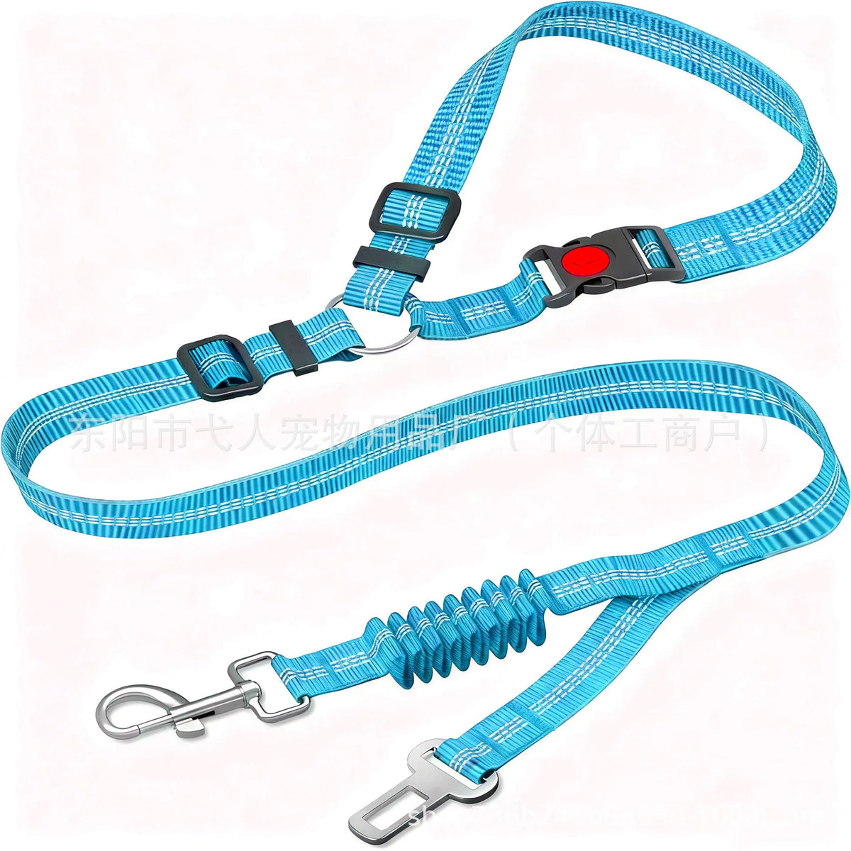 Retractable dog leash with anti-pull car seatbelt in nylon, shown in multiple colours including black, red, and blue.