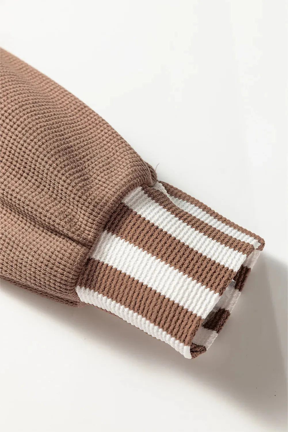 Straw yellow hoodie with waffle texture striped patchwork and a button neck drawstring