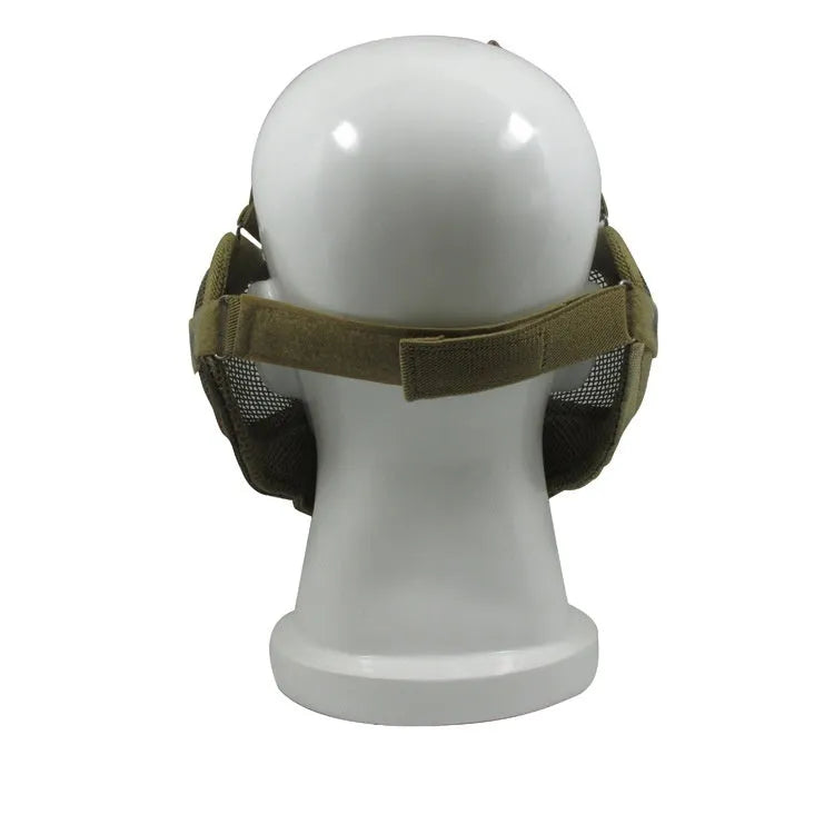 Carbon steel face protection mask in a head-mounted design on a mannequin head.