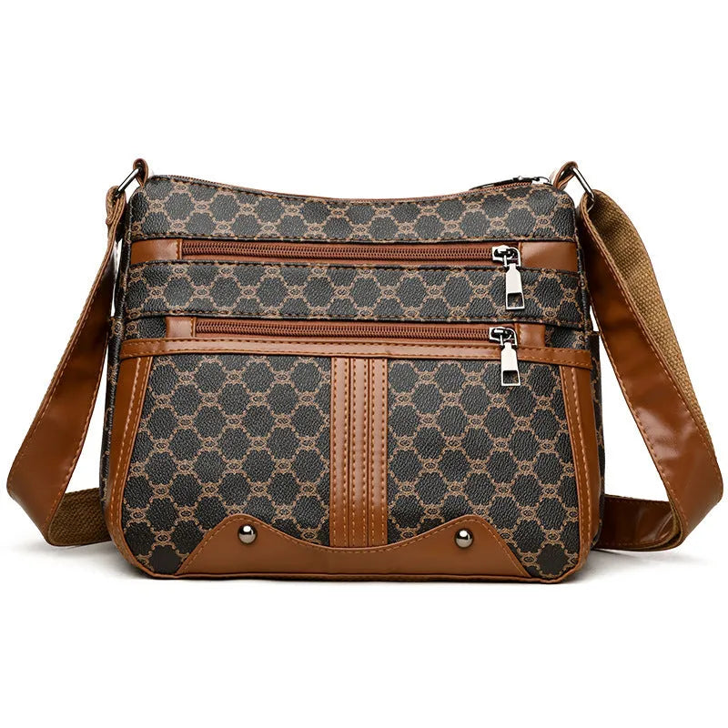 Women's brown stitching pattern crossbody bag made from PU leather with large interior capacity