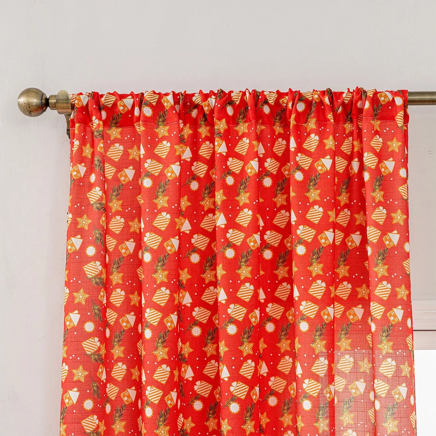 Green Christmas curtain with printed cartoon snowmen and angels, American style.