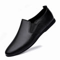 Men's black leather business shoes with rounded toe and breathable construction on size guide
