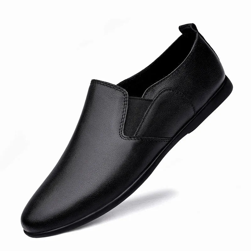 Men's black leather business shoes with rounded toe and breathable construction on size guide