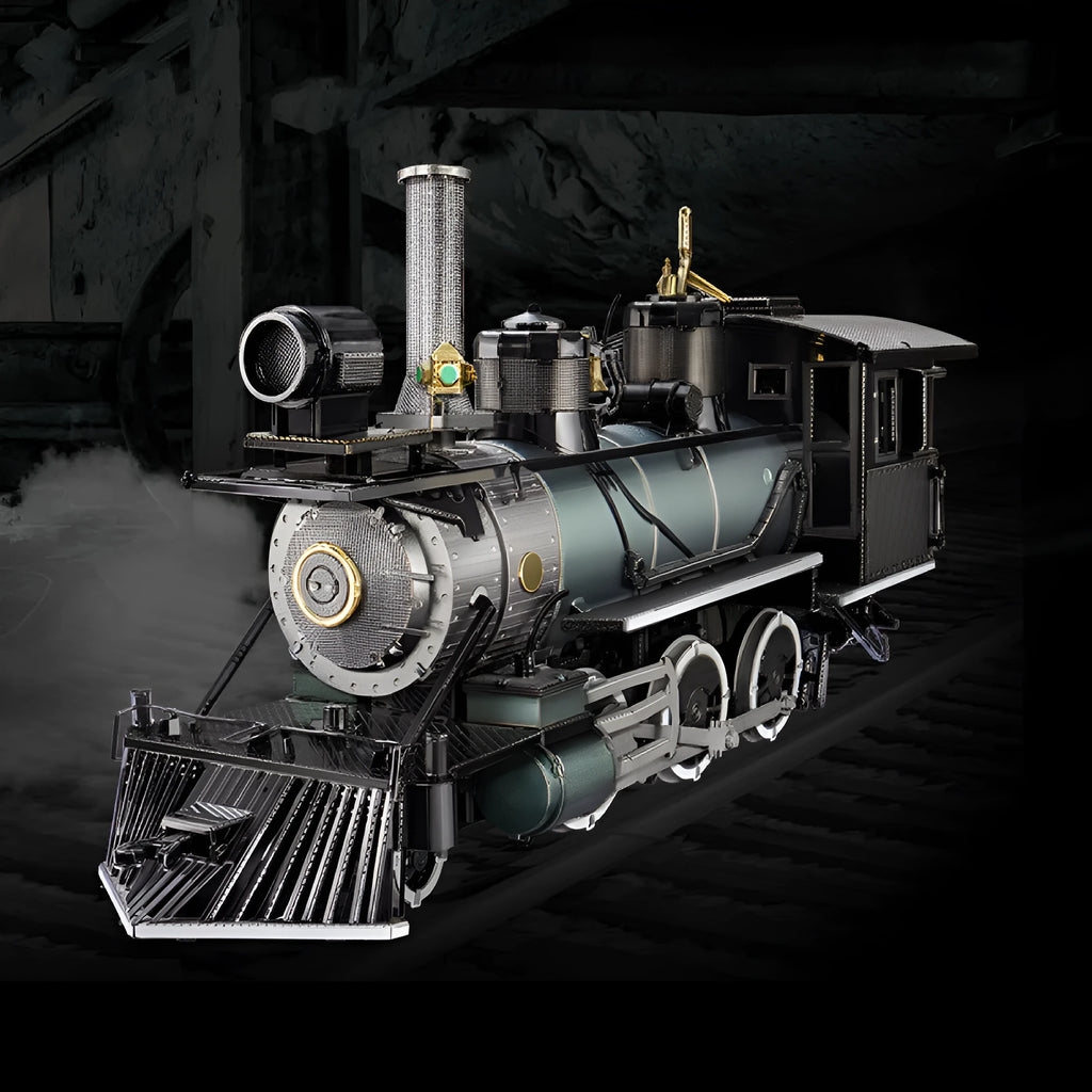 Metal colour printing assembled MG steam locomotive puzzle model in brass and stainless steel, finished size 17x5x8cm