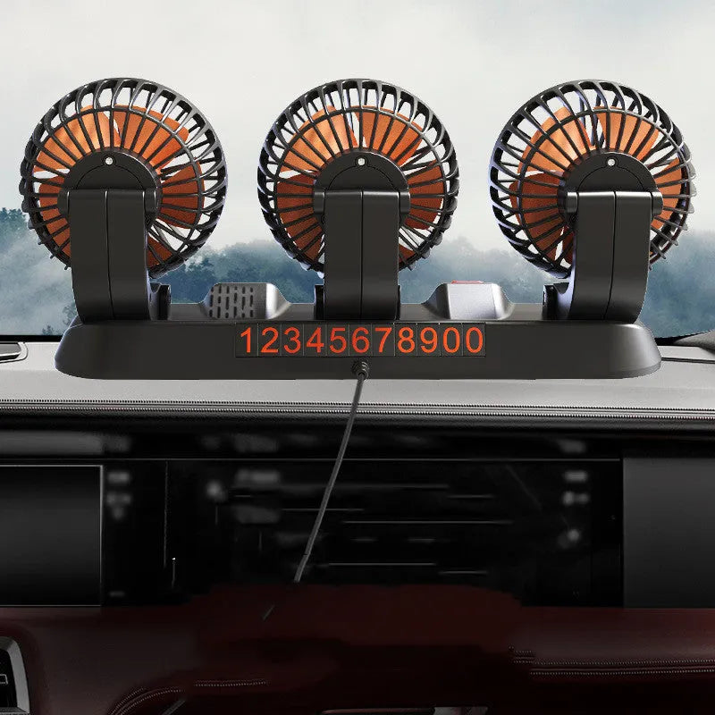 Three-head automotive electric cooling fan with extended cable for car interior use