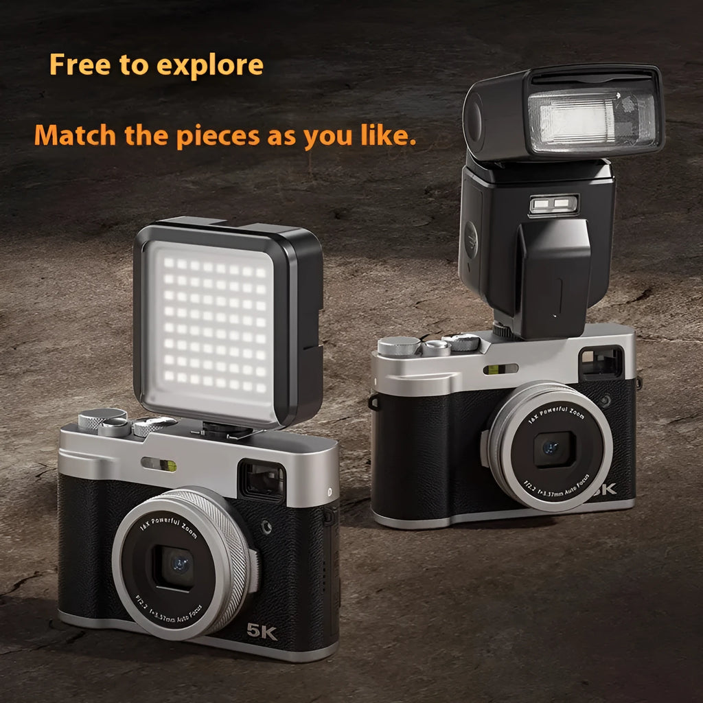Black or brown 5K digital camera with dual lenses, a 2.88-inch screen, and an optical viewfinder on top.
