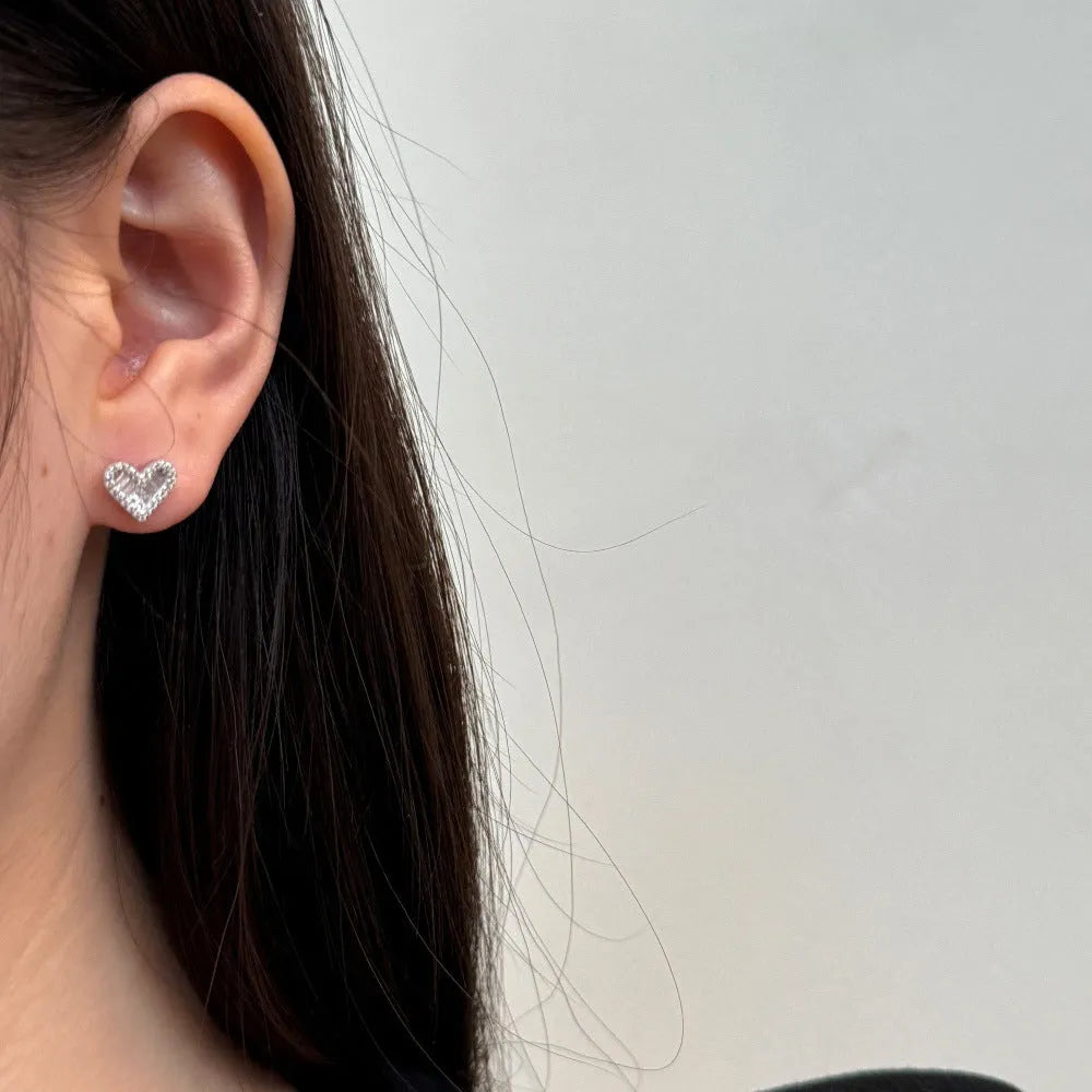 Sterling silver heart-shaped stud earrings with zircon rhinestone, electroplated finish, three colour options