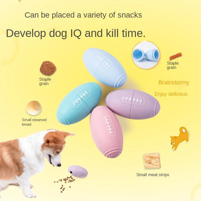 Coloured silicone rugby ball dog chew toy with treat-dispensing holes in blue, pink, purple options
