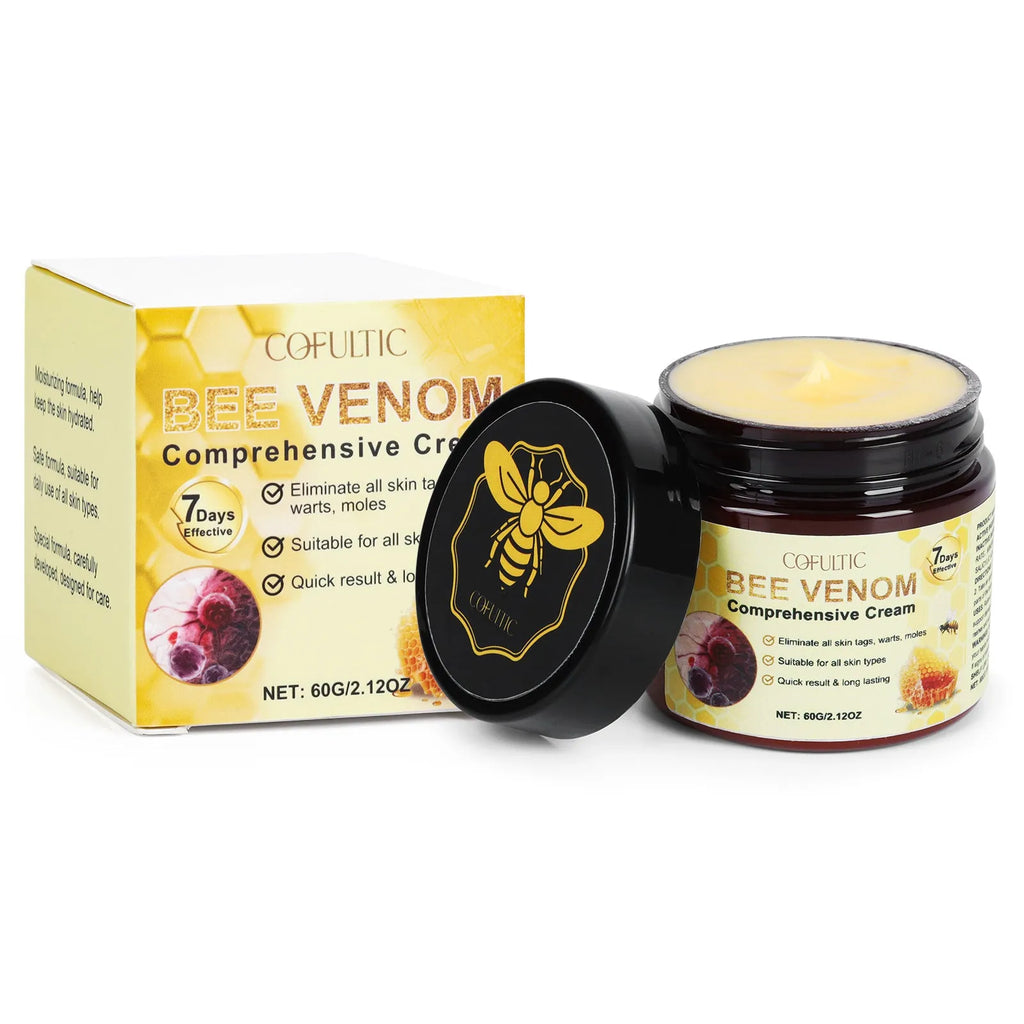 Cofutic 60g bee venom body cream in a small jar, gentle hydrating formula for daily use