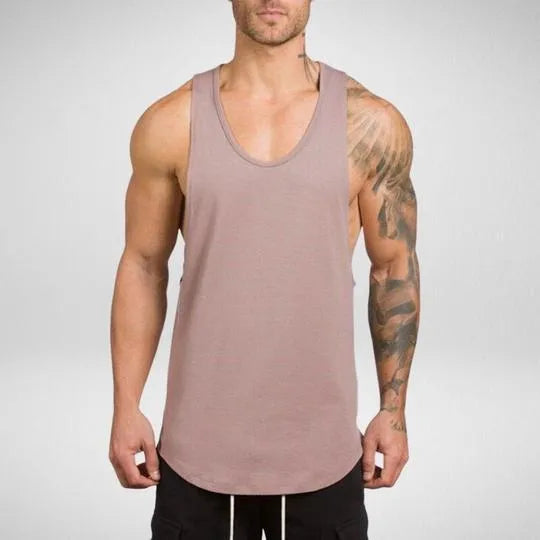 Men's sleeveless long tank muscle workout t-shirt in black, gray, green, khaki, or white, sizes M to XXL.