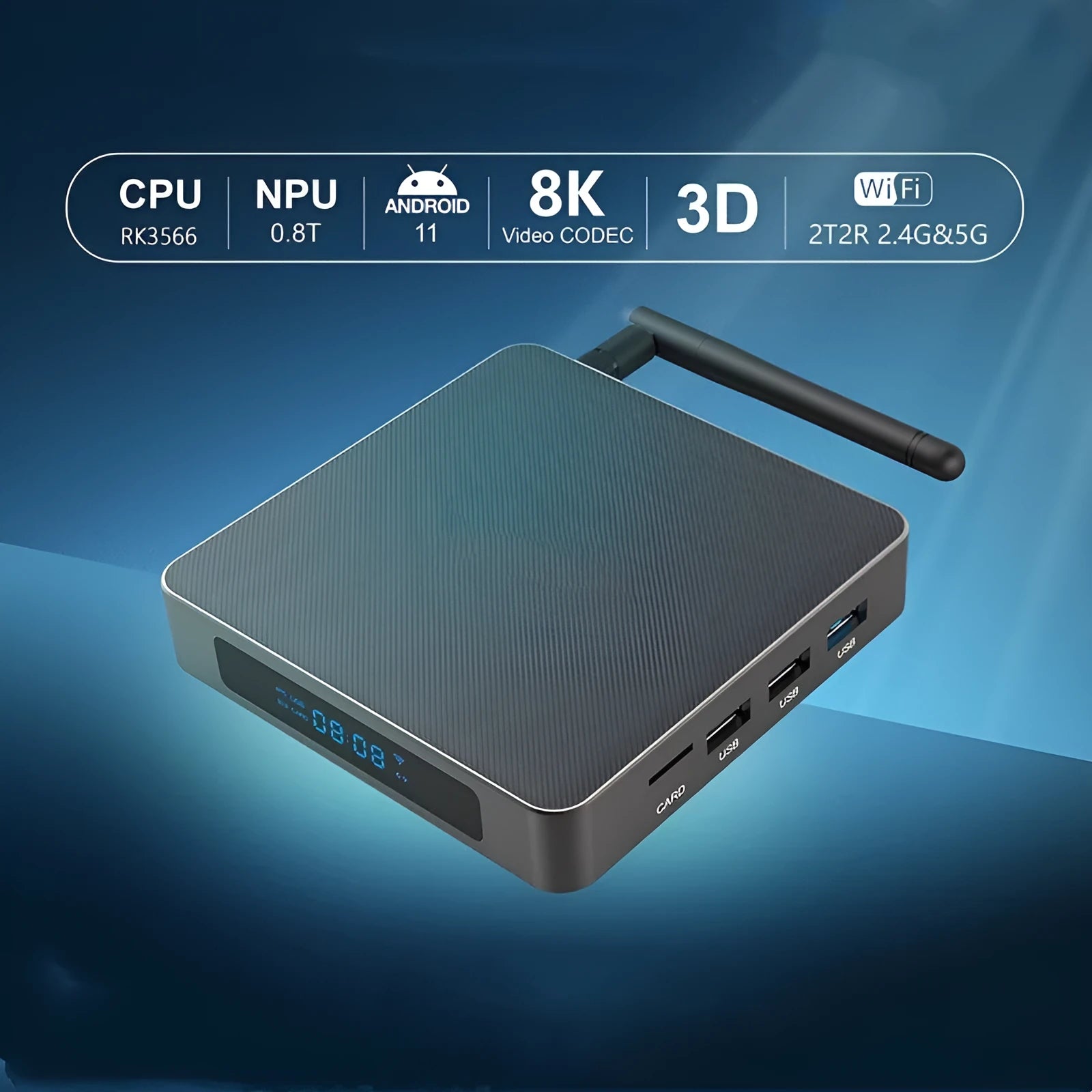 Black Android TV set-top box with HDMI port and remote control on a wooden surface.