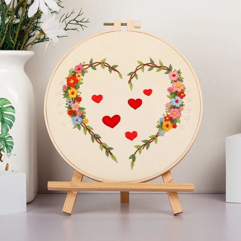 DIY embroidery kit with heart-to-heart love design on cotton cloth, 20cm bamboo taboret frame, Nordic style, Valentine's Day craft