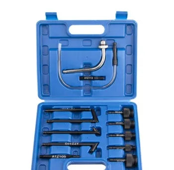 Thirteen-piece automatic transmission oil refuelling tool kit with injector and wave box connector.