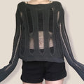 Women's crew neck long sleeve loose hollow-out acrylic sweater in dark gray, front view