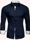 Men's navy blue long-sleeved casual shirt with contrasting colours and button-down front, sizes S to XXXL.