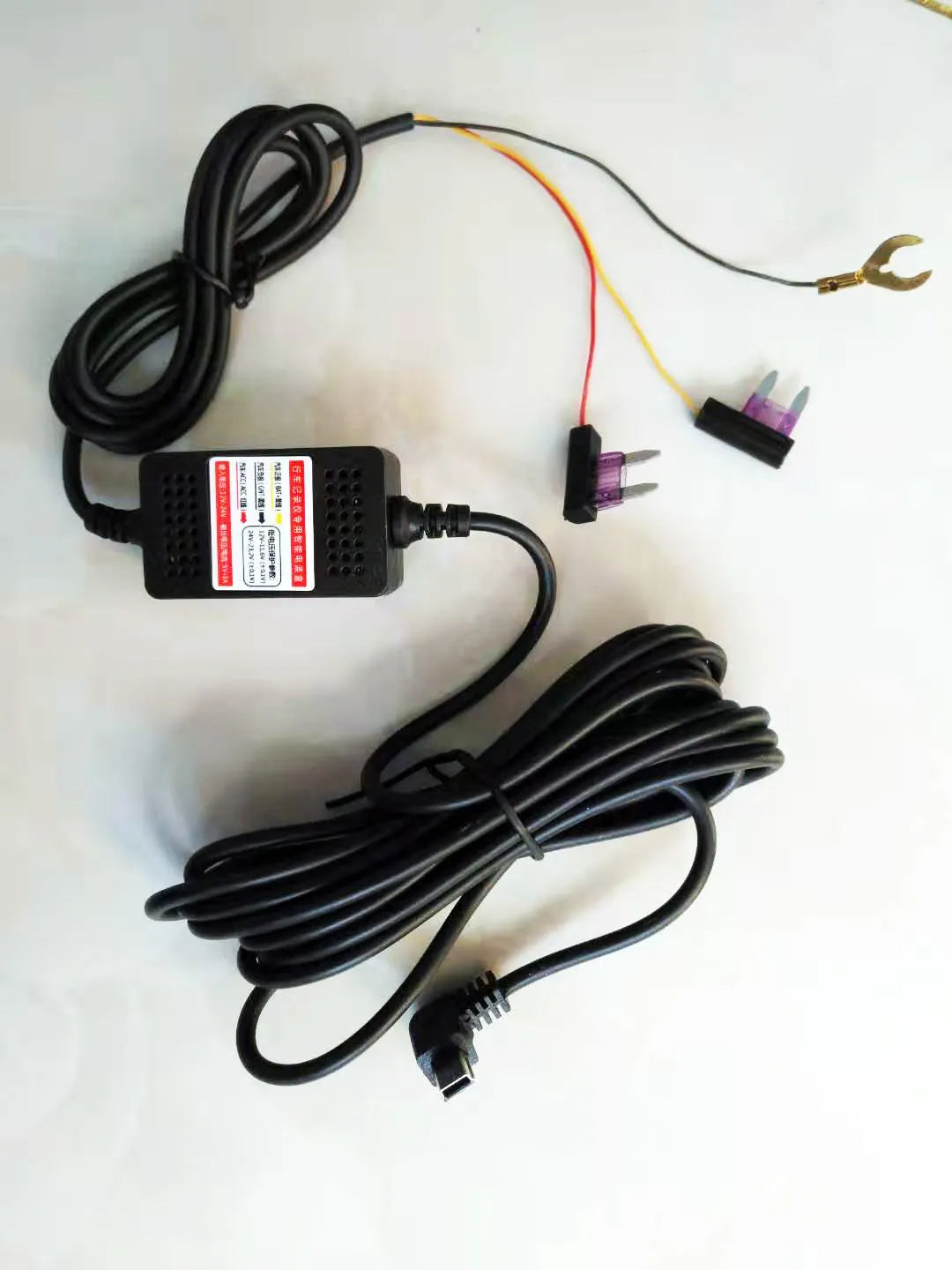 Dash cam hardwire kit power cord with red ACC wire, yellow power wire, black ground wire, and T-connector