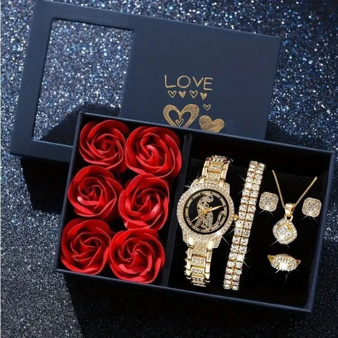 Women's diamond-embedded watch set with bracelet, necklace, ring, and earrings in gift box, silver finish