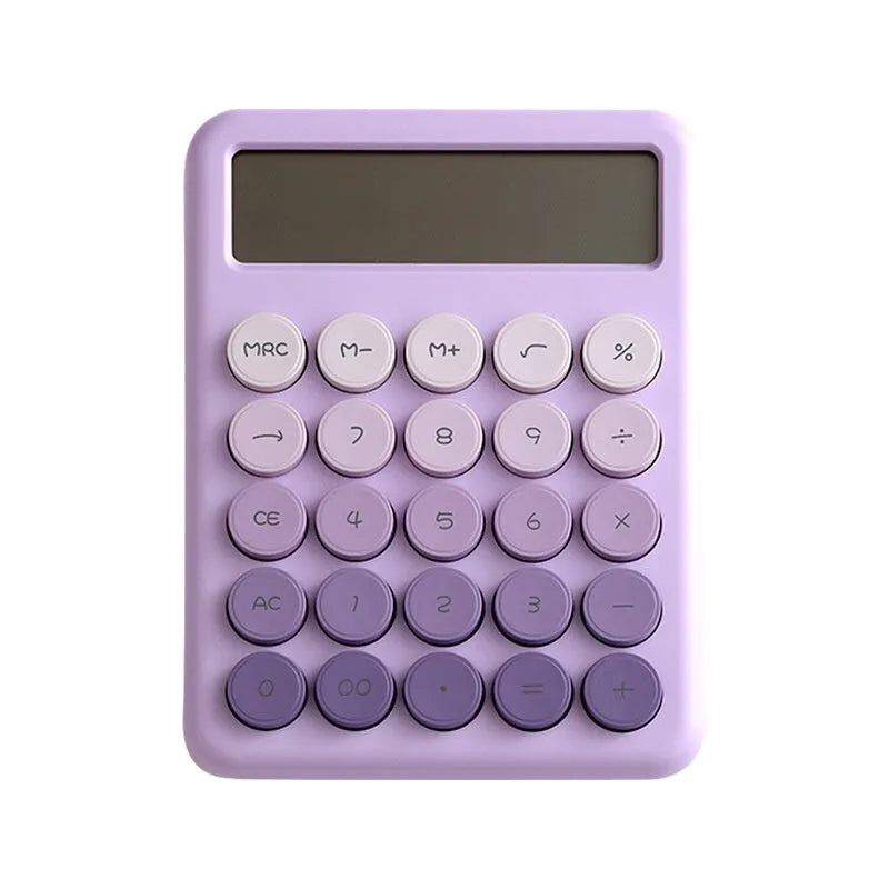 Desktop calculator with gradient colour finish in violet, pink, blue, or mint green on a desk