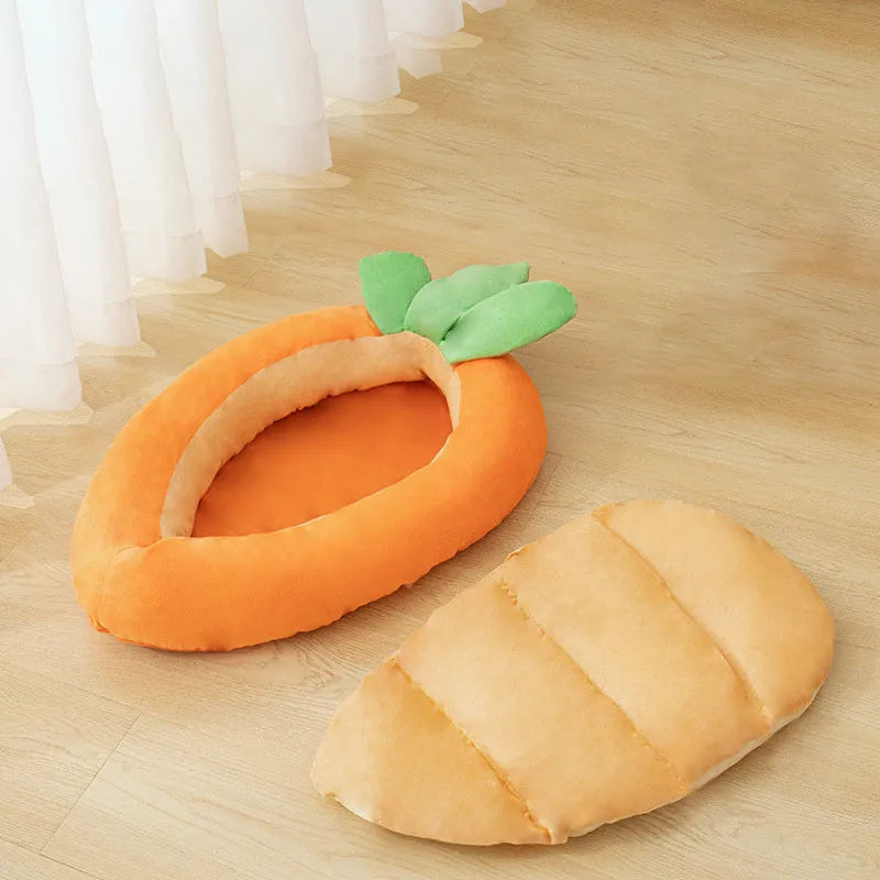 Carrot-shaped nesting dog bed for small medium pets with a removable soft blanket