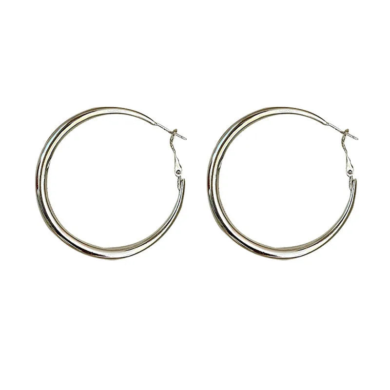 Silver plated geometric circle earrings for women, 5cm diameter, 925 silver needle, electroplated finish