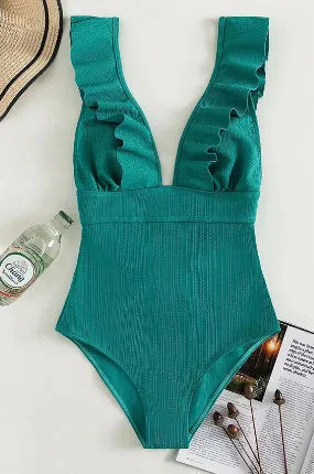 Black one-piece swimsuit for women with ruffled shoulder straps and decorative lace across the back.