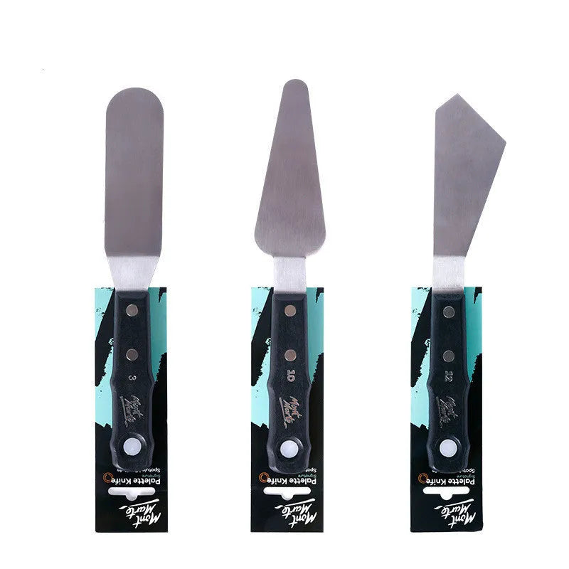 Three stainless steel oil painting scrapers showing No. 3, No. 10, and No. 12 palette knives