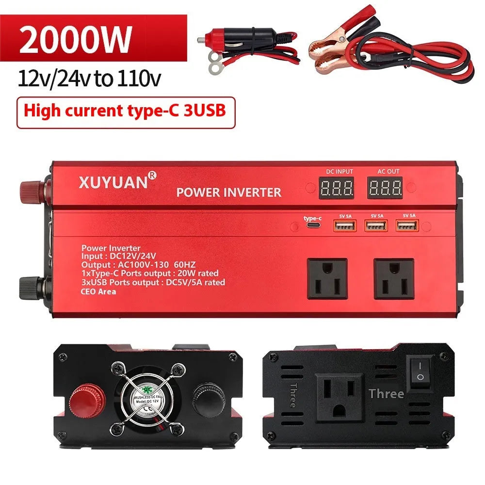 1200W car power inverter with LED display, US outlet, black casing, measuring 26cm x 10cm x 5.5cm