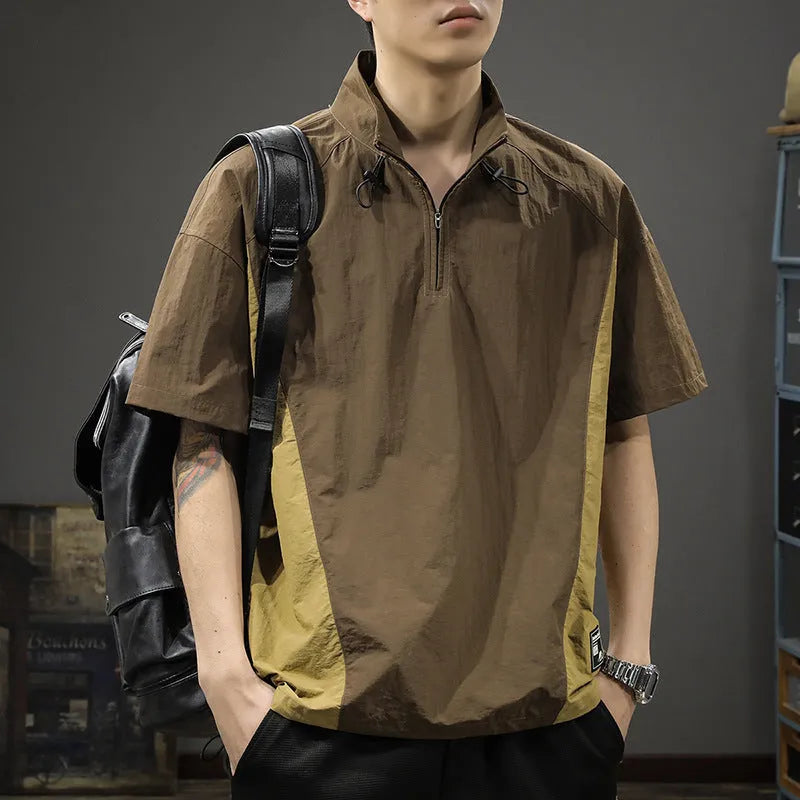 Brown men's half-zip stand collar short-sleeved T-shirt made from Ice Silk fabric.