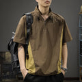 Brown men's half-zip stand collar short-sleeved T-shirt made from Ice Silk fabric.