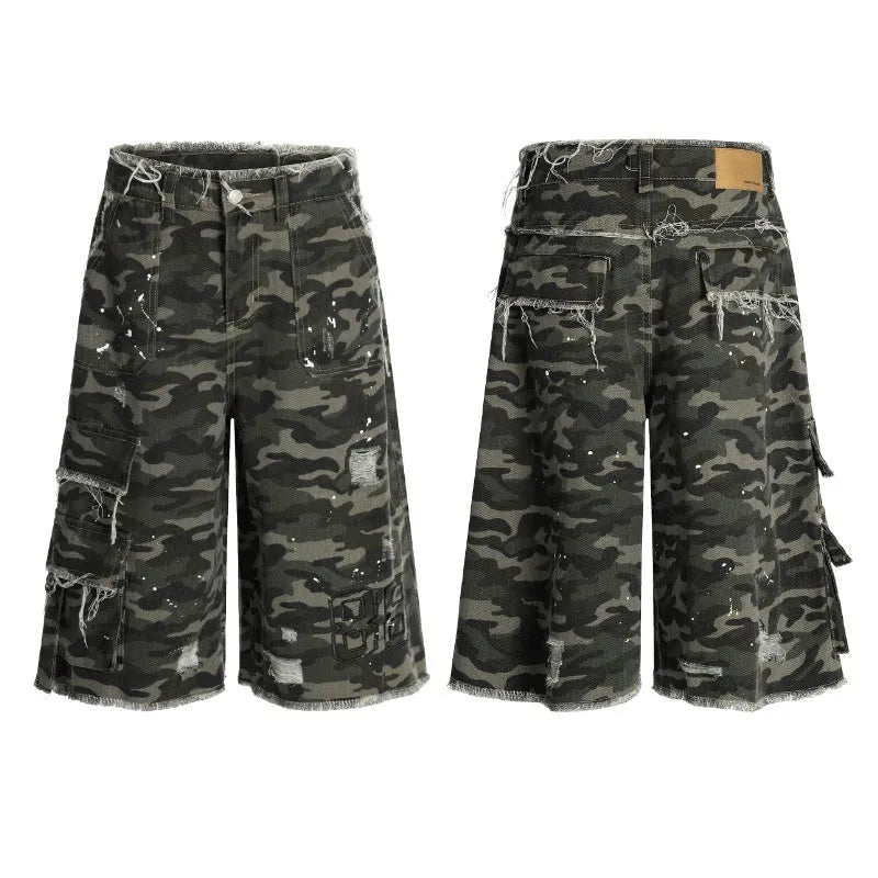 Camouflage wide leg cotton shorts with burrs set detailing for summer casual wear