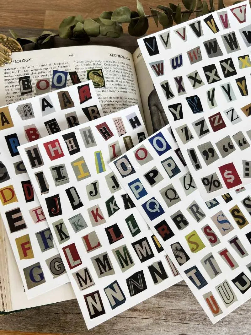 English letters and numbers symbol label sticker sheet with alphabet sets and week words in cute printed design