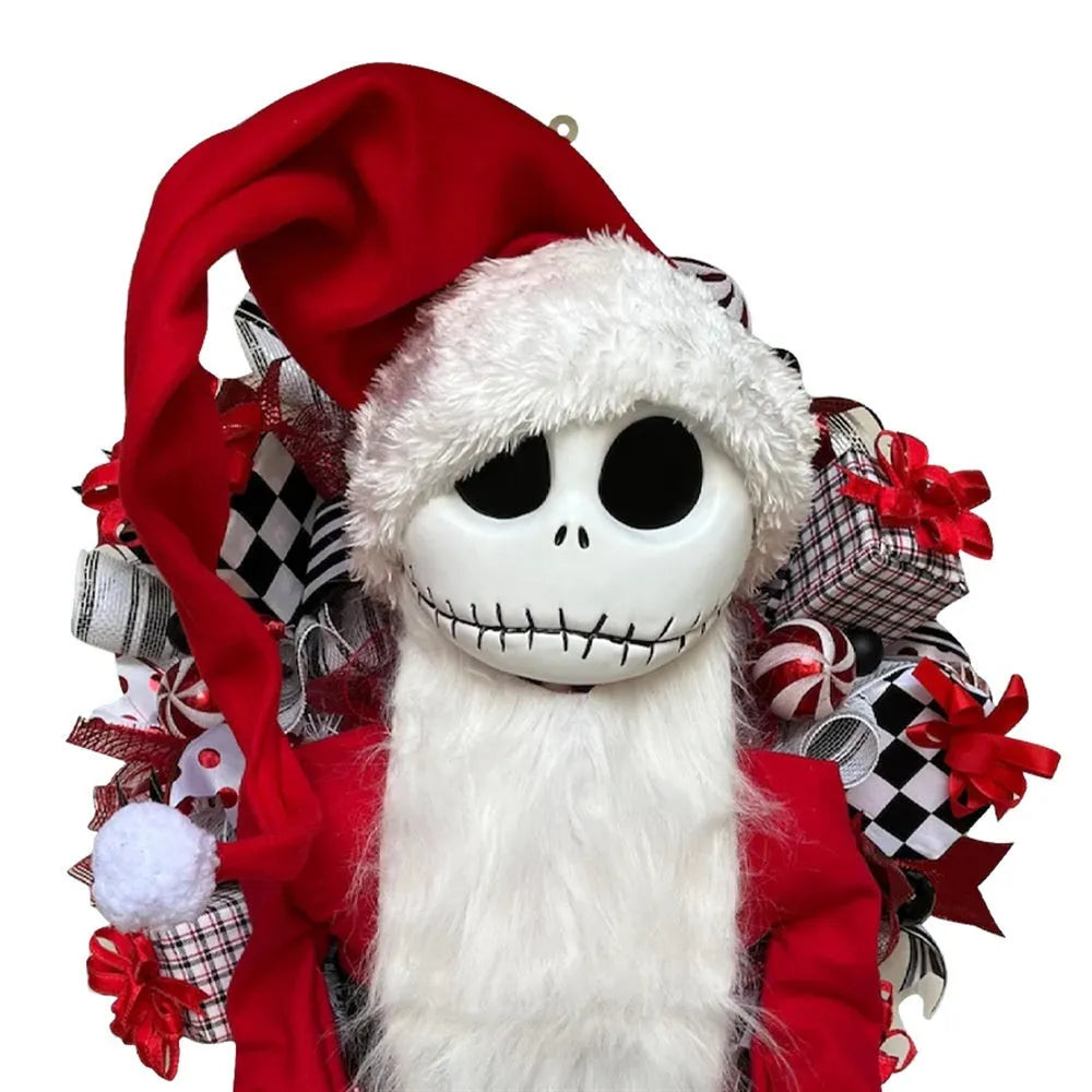 Christmas Jack doll garland in cartoon style made from wooden and cloth materials for holiday window display