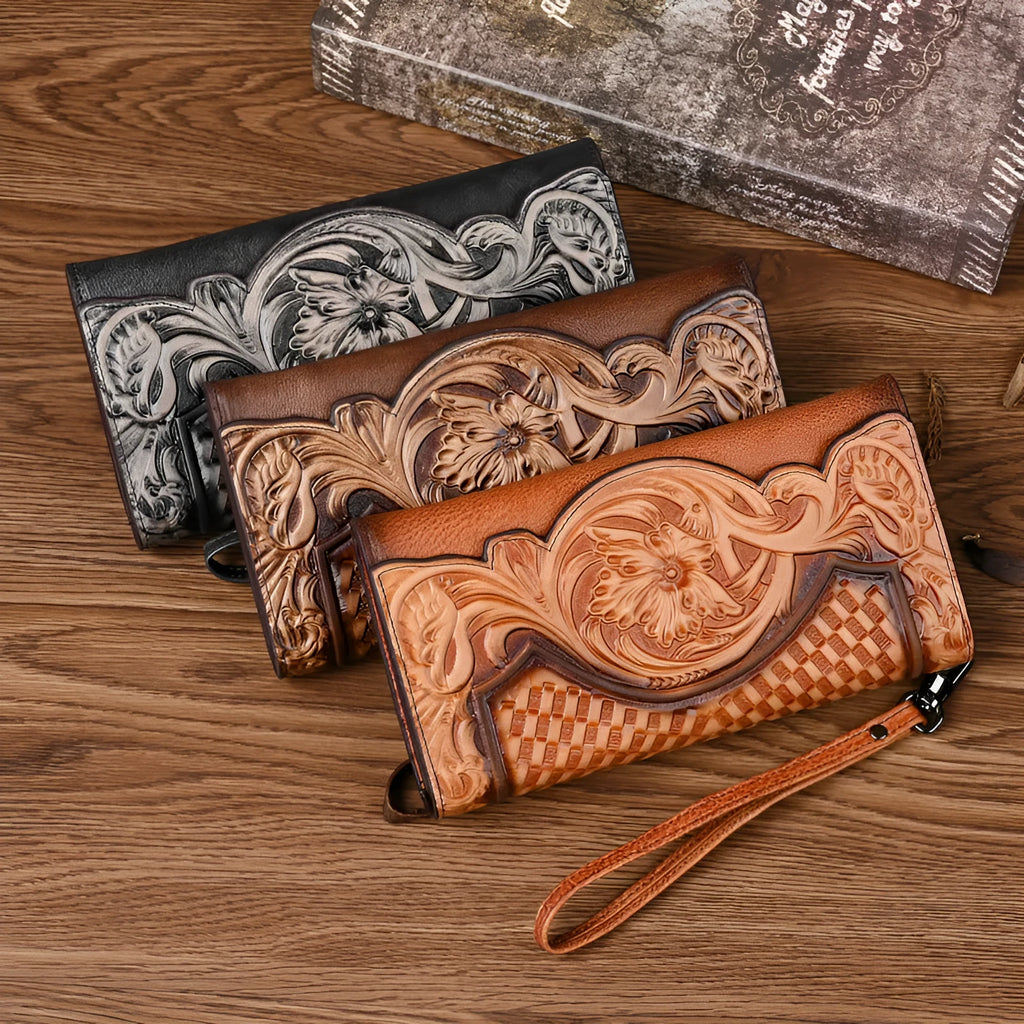 Women's brown tri-fold leather wallet with an embossed floral pattern, shown open to reveal compartments.
