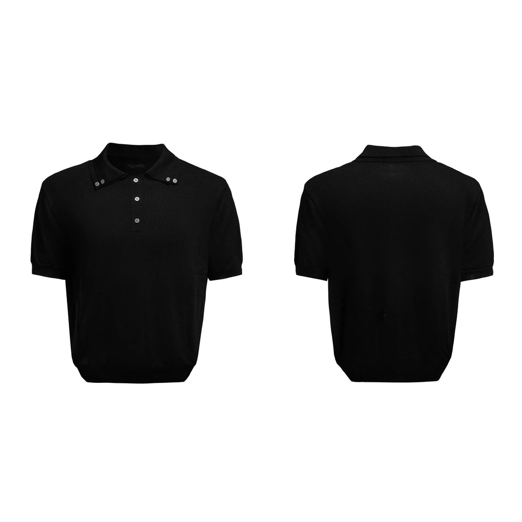 Men's double lapel collar short sleeve shirt in black slim knit polyester fabric