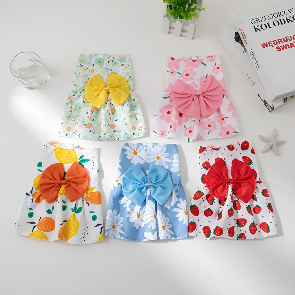 Lightweight pet dress with floral butterfly knot design and colourful bow accent